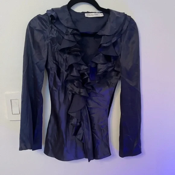 Christian Dior Blue Satin Evening blouse with Pleated Collar Sz XS - Picture 3 of 10